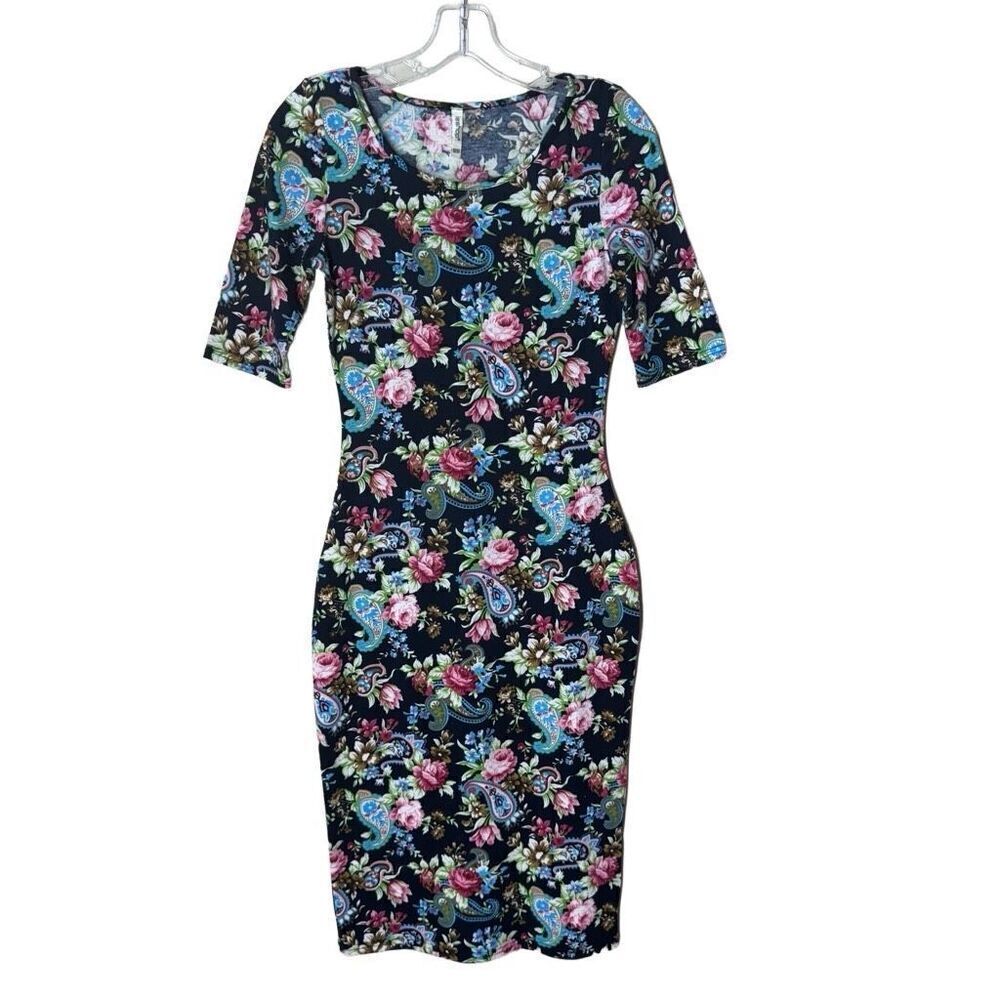Leshop Paisley Floral on Black Midi Dress Bodycon T-Shirt Half Sleeve